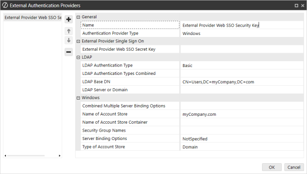 External Authentication Providers dialog box with Name field filled out